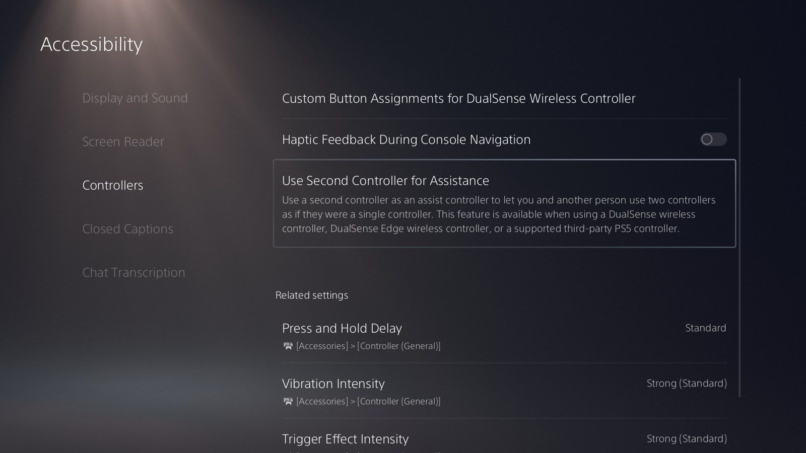 White text on dark background. PS5 system UI screen showing the Accessibility settings. Use Second Controller for Assistance feature is selected. 